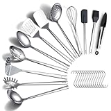 ReaNea Edelstahl-Kochutensilien-Set 26-teilig, robustes Küchenwerkzeug-Set mit Haken, Metallspatel-Set, langlebige hochglanzpolierte Küchenutensilien für alle Kochaufgaben
