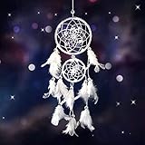 Kireida® Traumfänger, Runder Traumfänger mit Lichtern, Handgemachte Traumfänger mit weißen Federn für Vintage-Hochzeit Wandbehang Wohnkultur Geburtstagsgeschenk