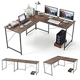 COSTWAY Schreibtisch L-Form, reversibler Eckschreibtisch mit Ladestation, Ecktisch mit Kabellöchern und abnehmbarem CPU-/Monitorständer, Gaming Computertisch, Bürotisch für Home Office (Rustikalbraun)
