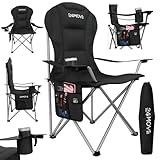 24MOVE® Campingstuhl faltbar bis 150 kg, Faltstuhl Angelstuhl Klappstuhl Gepolstert mit Armlehnen, Getränkehalter + Tasche mit hoher Rückenlehne, Strandstuhl, Klapphocker, schwarz