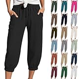 Damen Hose Sommer Musselin Hose Damen 3/4 Sommerhose Leicht Caprihose Luftig Leinenhose mit Tunnelzug und Taschen Sommer Casual Caprihose Lockere Leinenhose weiß
