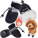 Hundeschuhe Pfotenschutz,4PCS Plüsch Hundestiefel,Hundeschuhe Winter,Hund Schneestiefel,Bequeme Atmungsaktive,Hundeschuhe mit reflektierenden Riemen,für kleine, mittlere,Sport im Freien (Schwarz 4)