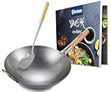 CLP Wok-Set aus Karbonstahl I Flacher oder runder Boden für Gas, Induktion und Grill I Wokpfanne mit Holzgriff, Rezeptbuch & Wokwender, Form:rund