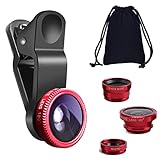 KINGMAS 3-in-1 Universal-Fischaugenobjektiv, Makro-Clip-Objektiv, Weitwinkel-Kameraobjektiv-Set für iPad, iPhone, Samsung, Android und die meisten Smartphones (rot)