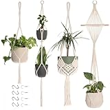 Makramee Blumenampel Hängend Innen, 4er Set Boho Deko Makramee Hängeampel mit Haken, Baumwollseil Blumentopf Hängend, Boho Zimmer Deko Aesthetic, Hängepflanzen Topf für Balkon Fenster Deko (Creme)
