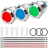 MKBKLLJY 3 Stück Kontrollleuchte 19 mm 3/4 Zoll DC 12V-24V 3A wasserdicht IP67 LED-Pilot-Armaturenbrett-Signalleuchte konkaver Kopf rot grün blau Edelstahlgehäuse mit Anschlusskabelmantel