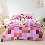 Pixelgitter-Themen-Dekorationen, Bettwäsche, Video-Gaming-Blöcke, Bettbezug, King-Size-Bett, geometrisches buntes Karomuster, rosa und lila, Schlafzimmer-Dekor, weicher Bettbezug mit 2 Kissenbezügen