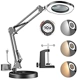 Jubaopen 10-Fach Lupe mit Licht, LED Lupenleuchte, 5 Farbmodi Stufenlos Dimmbar, Lupenlampe mit Klemme, Verstellbarer Schwenkarm, Vergrößerungsglas für Handwerk Lesen Basteln[Energieklasse D]