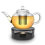 Creano Teekanne aus Glas 1,2l + ein schwarzes Stövchen aus Edelstahl - Glasteekanne mit Edelstahl-Filter und Deckel - ideal zur Zubereitung von losen Tees - 100% tropffrei