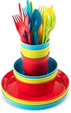 LATERN 24 Stück Mehrweggeschirr aus Kunststoff, 4 x Unzerbrechliche Kinderteller & Salatschüsseln, 4 x 240ml Becher, 4 x Wiederverwendung Messer Gabel Löffel – für Müsli Suppe Snack Obst Salat