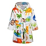 Baogaier Bademantel Kinder Jungen mit Kapuze Flanell, Unisex Morgenmantel Hoodie Roben Weichen Pyjamas Warmen Nachtwäsche Bathrobe Alter 5-6 Jahre,Gr.110-116 Weiß Affe mit Tiermuster
