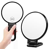 Auxmir Vergrößerungsspiegel 30X/1X Vergrößerung, Faltbar Kosmetikspiegel Handspiegel mit Griff, Doppelseitig Schminkspiegel 360° Drehbar, Tragbar Spiegel für Friseur, Rasieren, Makeup, Schwarz