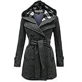 Generisch Wollmantel Damen Winter Mantel Lang Wintermantel Elegant Damenmantel Dicke Thermo Trenchcoat Zweireihig Kapuzenjacke Mit Gürtel Winterjacke Einfarbig Freizeitjacke Winddicht Winterjacken