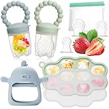 COZCLAM 2 Stück Fruchtsauger Baby, Silikon Fruchtsauger | BPA frei Silikon | Inkl. Beißspielzeug, Aufbewahrung von Babynahrung aus Silikon, 3 Silikon Sauger größen für Babys 3-24 Monaten (Grün & Blau)