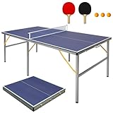 FUNJEPE Mittelgroße Tischtennis-Tische für drinnen und draußen, zusammenklappbar und tragbar, mit Netz, 2 Tischtennisschlägern und 3 Bällen