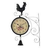 Swtgaah Hahn doppelseitige Wanduhr Wohnzimmer Dekoration Uhr doppelseitige Retro Bahnhofsuhr Glasspiegeluhr Eisen stille Uhr geeignet für Bahnhof Garten Wohnzimmer