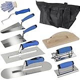 9PCS Maurerkellen Set, Maurer/Stuckateure Set, Maurerkellen Set Edelstahl, Zahnglättekellen, Holzschweifer, Beton-Randdichter und Slotter, Stuckateur Werkzeug für Beton, Set mit Putzkellen