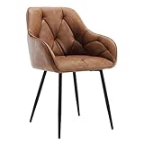 WOLTU Esszimmerstuhl, Küchenstuhl, Stuhl Esszimmer Wohnzimmer, ergonomischer Sessel, Armlehnstuhl, Polsterstuhl, Sitzfläche aus Vintage-Kunstleder, Metallbeine, Braun, EZS03br-1