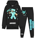 Minecraft Jungen Trainingsanzug Set, bequemer Jogginganzug mit Pullover & Hose (Schwarz/Blau, 11-12 Jahre)