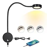 ERWEY Leselampe Wandmontage, LED Bettleuchte Wandleuchte mit Touch Button Einstellbar Licht 3000K/4000K/6000K, 4W Bettlampe 360° Flexible Schwanenhals Lampe mit USB-Ladeanschluss, Schwarz