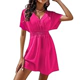 Satohom Damen Kleider Freizeit Einfarbig Sommerkleid V-Ausschnitt Rüschen Knielanges Kleid Lose Kurzarm Strandkleid Tunika A-Linie Gestuftes Kleider Seitenschlitze, Schwarz, Weiß, S-L