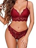 Avidlove Sexy Damen Dessous Set Spitze BH Unterwäsche und Slip Verstellbare Strapsen Babydoll Reizwäsche Lingerie und Höschen Nachtwäsche Outfit Rot M