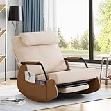 EROMMY Schaukelstuhl mit Klappbarer Rückenlehne,Schaukelsessel mit Kordober Holz und PU,Rocking Chair Schwingsessel für Wohnzimmer,Beige