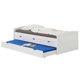 IDIMEX Bett mit Stauraum Jessy aus massiver Kiefer weiß, praktisches Gästebett mit Auszugbett, schönes Tagesbett mit 2 Schubladen