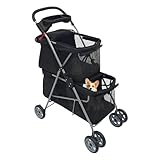 Haustier-Kinderwagen, Doppelter Faltbar Hundebuggy, Tragbarer Haustiere Buggy für Hunde und Katzen bis 20 kg, Schwarz
