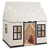 COSTWAY Kinderspielhaus mit Sternenlichtern, Prinzessin Prinzess Kinderzelt mit Fenstern & Netzvorhängen, Kinderspielzelt Spielzelt Spielhaus für Jungen und Märchen, Beige