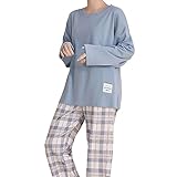 Generisch Schlafanzug Damen Pyjamas Set Langarm Nachtwäsche mit Pyjamahose und Shirt Casual Elastischer Bund Sleepwear Soft Loungewear Hausanzug mit Karierte Hose Für Frauen