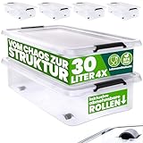 Deuba® Aufbewahrungsboxen 4 x 30l mit Deckel und Rollen, stapelbar, transparent Kunststoff BPA-frei Klickverschluss, RB60 für Büro, Garage, Waschraum