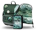 Baagl Schulranzen Jungen Mädchen Set 3 Teilig, Ergo Schultasche für 1. Klasse, Ergonomische Grundschule Ranzen Tornister mit Brustgurt (Dino)