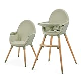 Kinderkraft Hochstuhl FINI2 2 in 1, Kinderhochstuhl, Babystuhl, Kombihochstuhl, Beine aus Holz, Sicherheitsgurte, Fußstütze, Doppeltablett, ab 6 Monate bis 5 Jahre, 5 Punkt Gurte, Grün