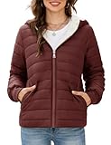 Yuson Girl Damen Steppjacke Leichte Übergangsjacke für Frauen Winter Herbst Gefüttert Kurz Winterjacke mit Kapuze Elegant Warme Pufferjacke Outdoor Freizeit Fleece Jacke(Weinrot, XL)
