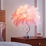 Kleine Schreibtischlampe mit Straußenfedern, modern, silberfarben, Chrom, Herzform, Tischlampe für Mädchen, Kinder, Schlafzimmer, Kristallanhänger, USB/batteriebetriebene Nachttischlampe