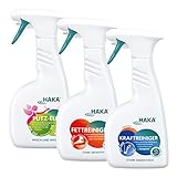 HAKA Haushalt Reinigungs-Set, 3x500 ml Spray, Fettreiniger für Küche & Grill, Kraftreiniger gegen Kalk & Schmutz im Bad, Putz-Elfe Displayreiniger empfindliche Flächen, umweltfreundlich