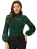 Allegra K Damen Spitze Spitzenbluse Langarm Stehkragen Rüschen Blumen Top Bluse Limonengrün M