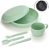Homquen 6Stück Camping Utensilien-Set mit Schüsseln, Teller, Tassen, Löffel, Gabeln, Messer und Handtasche, Kunststoff-Camping-Zubehör, Reisen, Camping, Picknick, Outdoor Essentials, Einfach zu Tragen