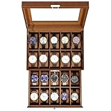 Uten Uhrenbox mit 20 Fächern, Glasdeckel, Braunes PU, Braunes Samtfutter, Herausnehmbare Kissen, Schmuckaufbewahrungsbox, Geschenkidee