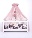 Babybetthimmel aus Tüll, Betthimmel für Babybett, Prinzessin Babywiege, Beistellbett Baby, Moskitonetz, Babyzimmer Deko, Baldachin Kinderzimmer 165cm lang, mit Pompons, Taupe (Altrosa)