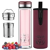 ecooe Teeflasche mit Sieb 440 ml Weinrot Doppelwandig Teebecher to go Bottle Trinkflasche mit 18/8 Edelstahl Sieb und Schutztasche Tee Glasflasche für Tee Kaffee Saft&Milchshak