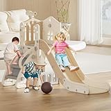 FAYDUDU 5 in 1 Kinderrutsche mit Basketballkorb, Indoor & Outdoor Rutsche ab 1 Jahre, Freistehende Rutsche mit StauraumSpielteleskope,Kinder Spielplatz Gartenrutsche (Beige Curry)