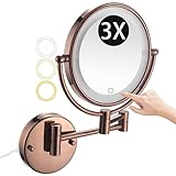 20,3 cm Touch-Dimmer, 3-farbiger LED-Wandspiegel – 7-fache Vergrößerung, doppelseitig, drehbar und ausziehbar, Make-up-/Rasierspiegel in Roségold – unverzichtbares Badezimmer-Accessoire