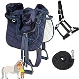 My Sweet Pony® Kinder Shettysattel Set *Conny* Schwarz + Halfter + Führstrick | Fell Sattel für Pony Shetty und Holzpferd | Alles enthalten | kompletter Sattel | Ideal für erste Reitversuche