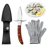 Gifcomda Austernmesser - Austermesser-Set mit 1 Paar Schutzhandschuhe und 1 Leder-Messerschale, Professioneller Austernöffner aus Edelstahl, Holzgriff, Geeignet für Schalentiere oder Harten Käse