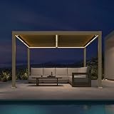 PURPLE LEAF Pergola 3 x 3,65 m mit LED-Lichtleiste Lamellendach Gartenpavillon Wasserdicht Stabil Winterfest Terrassenüberdachung Verstellbare Alu-Lamellen mit duales Ladesystem, Champagner