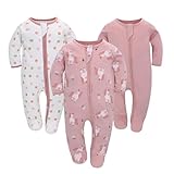 Neugeborenes Baby Jungen Mädchen Strampler mit Fuß Baby Schlafanzug Einteilige Lange Ärmel Overall Säuglings Frühling Herbst Body, 3er-Pack (Rosa, 6-9M)