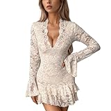 Generisch Partykleid Damen Spitze V-Ausschnitt Ballkleid Langarm Rüschenkleid Slim Fit Spitzenkleid Kurz Figurbetontes Abendkleid Einfarbiges Bequem Minikleid Modische Elegant Bleistiftkleid