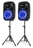 Vonyx VPS122A PA Lautsprecher Set mit Ständer und Mikrofon, 800 Watt 12 Zoll LED Aktivboxen, Partybox Bluetooth mit Stativen, USB, SD, MP3, PA Anlage Komplettset, DJ Boxen, Stativ Lautsprecherset